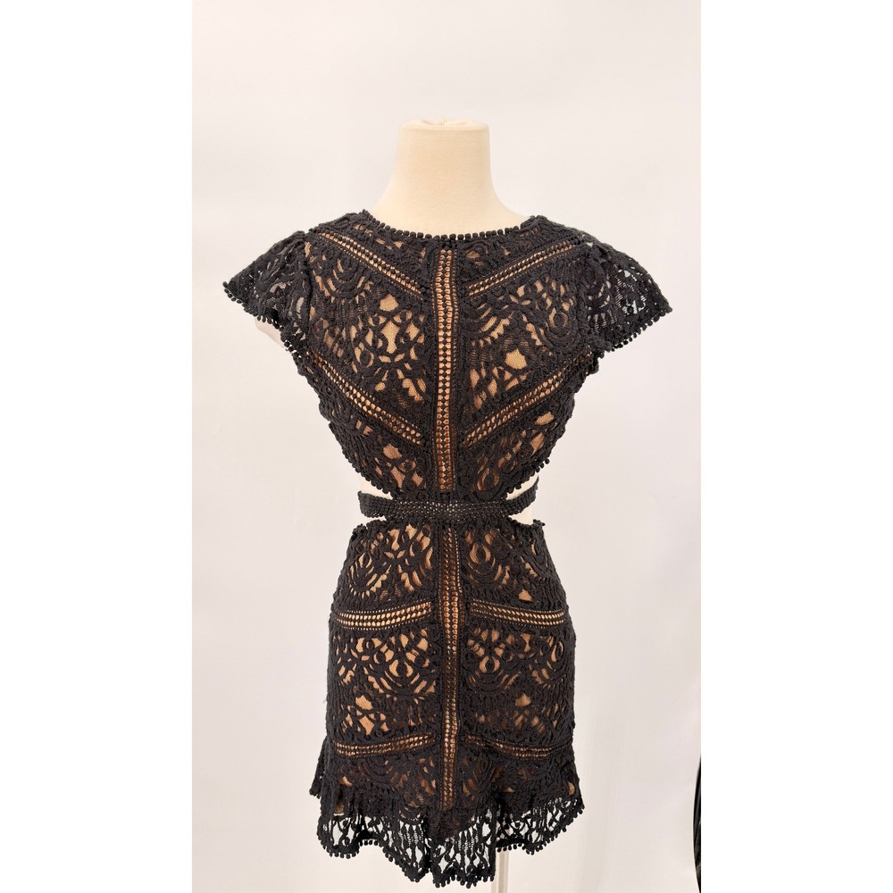Signature 8 Lace Mini Dress Womens S Black Open Back Crochet Cocktail Boho